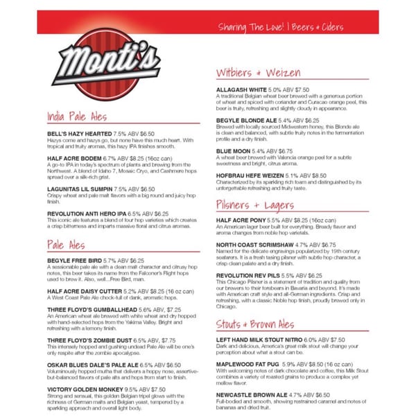 Monti's beer and cider menu, featuring India Pale Ales, Pale Ales, Witbiers, Weizen, Pilsners, Lagers, Stouts, and Brown Ales.