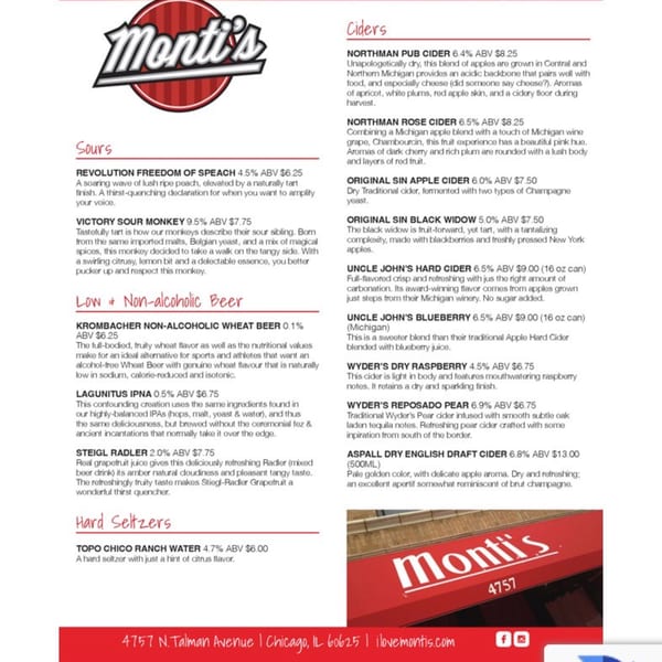 Monti's restaurant menu displaying a variety of sours, ciders, non-alcoholic beers, and hard seltzers.