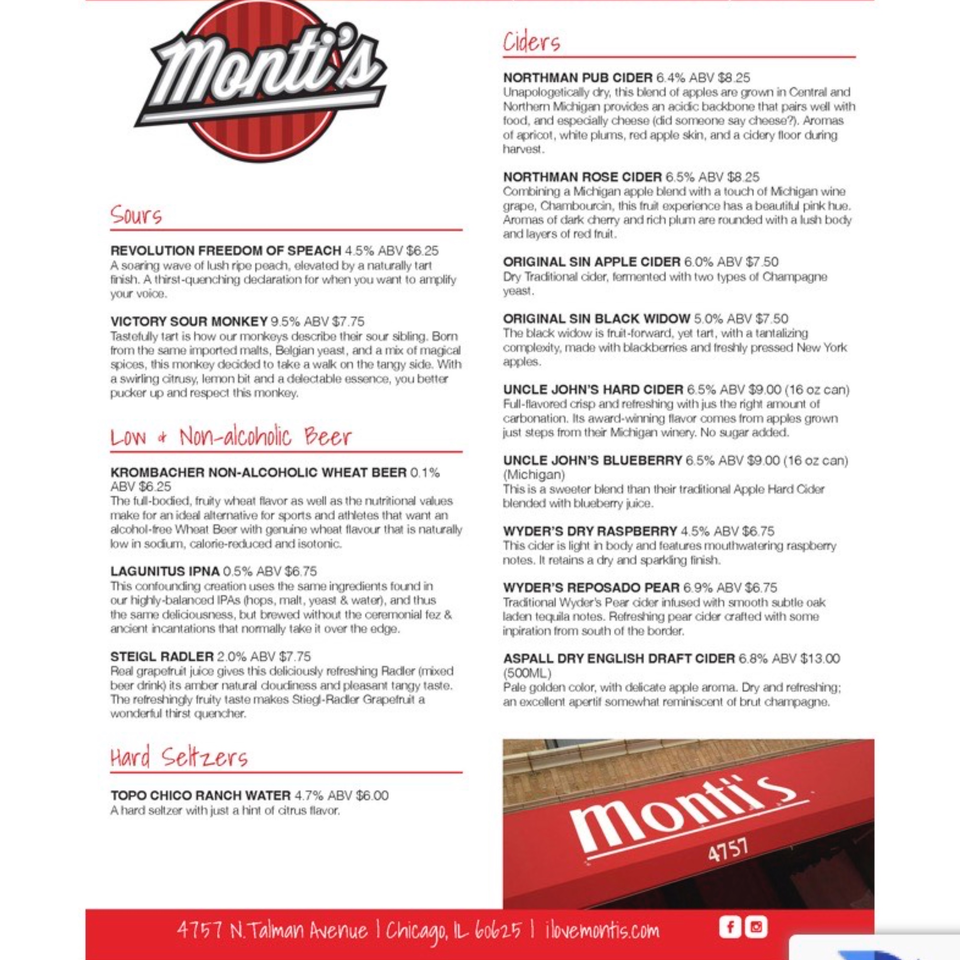 Monti's restaurant menu displaying a variety of sours, ciders, non-alcoholic beers, and hard seltzers.